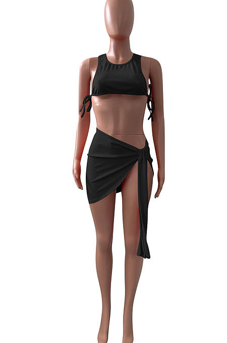 Pure Color Rib Bandage Skirts Sets NK251