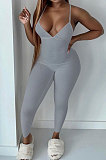 Pure Color Rib Condole Belt Backless Bodycon Jumpsuits NK252