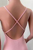 Pure Color Rib Condole Belt Backless Bodycon Jumpsuits NK252