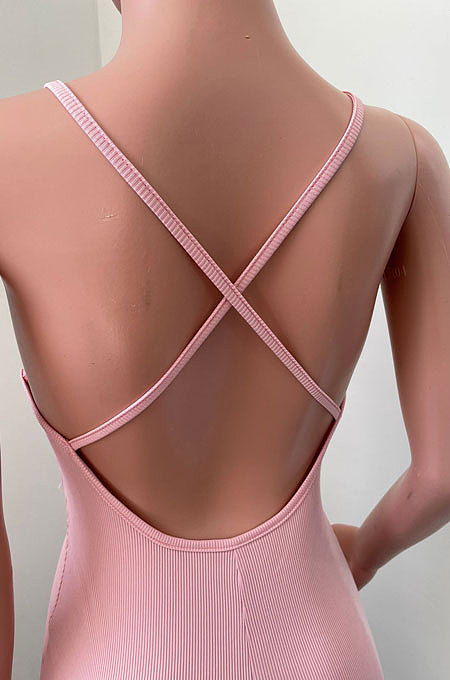 Pure Color Rib Condole Belt Backless Bodycon Jumpsuits NK252