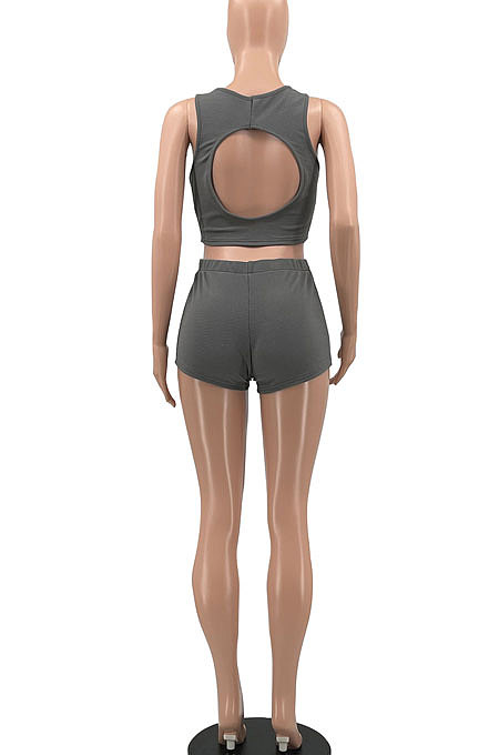 Women Yoga Pure Color Backless U Neck Tank Tops Shorts Jumpsuit 2 Sets MLM9071