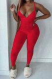 Pure Color Rib Condole Belt Backless Bodycon Jumpsuits NK252