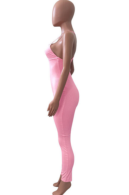 Pure Color Rib Condole Belt Backless Bodycon Jumpsuits NK252