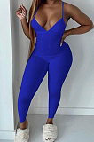 Pure Color Rib Condole Belt Backless Bodycon Jumpsuits NK252