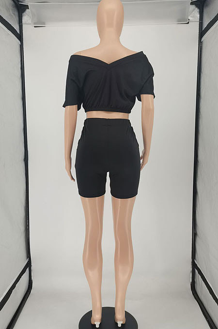 Pure Color V Neck Sport Casual Pocket Shorts Sets SMY8103
