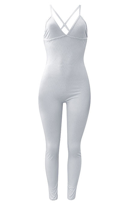 Pure Color Rib Condole Belt Backless Bodycon Jumpsuits NK252