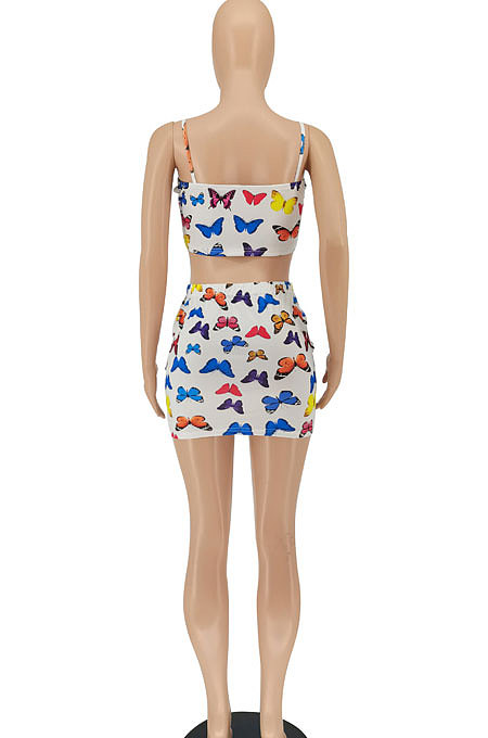 Women Condole Belt Butterfly Printing Skirts Sets SMY8089