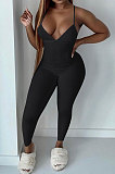 Pure Color Rib Condole Belt Backless Bodycon Jumpsuits NK252