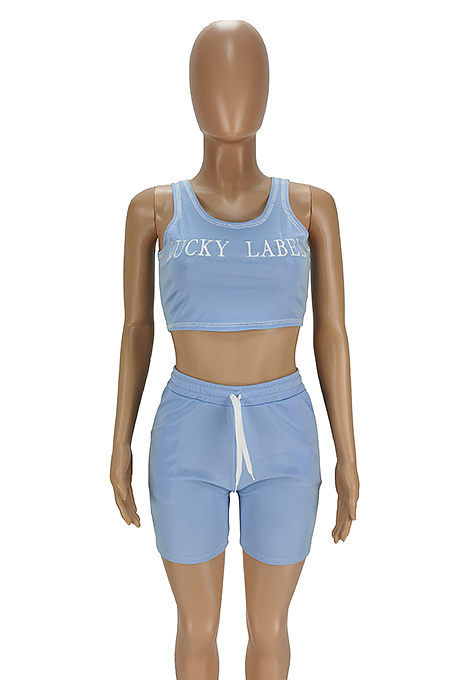 Casual Pure Color Embroidery Letter Print Vest Shorts Sets ANK06020