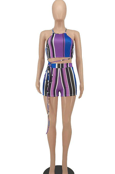 Women Fashion Sexy Colorful Stripe Sleeveless Shorts Sets  SMY8093