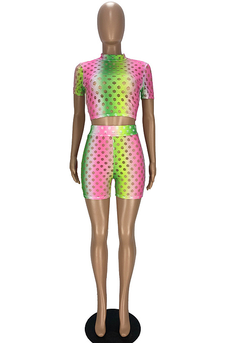 Fashion Colorful Hollow Out Perspective Casual Two Piece YT3275
