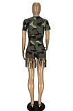 Euramerican Fashion Camouflage Tassel Short Sleeve Shorts Sets YT3281