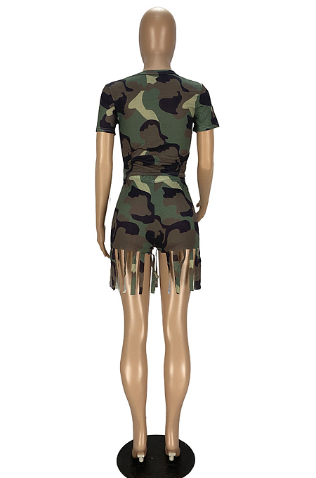 Euramerican Fashion Camouflage Tassel Short Sleeve Shorts Sets YT3281