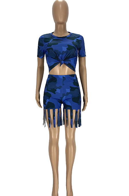 Euramerican Fashion Camouflage Tassel Short Sleeve Shorts Sets YT3281