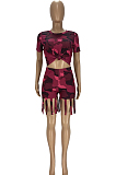 Euramerican Fashion Camouflage Tassel Short Sleeve Shorts Sets YT3281