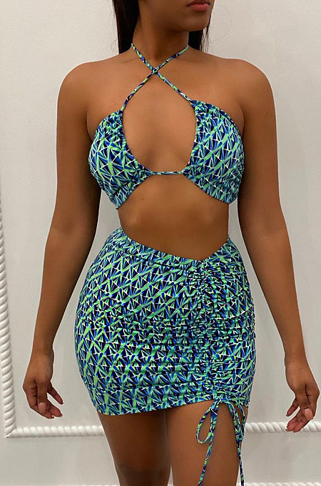 Euramerican Fashion Priting Drawshing Sexy Short Skirt Two Piece YT3277