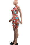 Euramerican Women Seyx Printing Halter Neck Hollow Out Cross Shorts Sets HYM86803