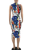 Euramerican Women Mid Waist Printing Sleeveless Hollow Out Midi Dress HYM86805