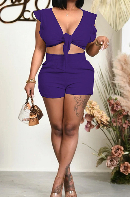 Fashion Pure Color Sleeveless Shorts Two Piece QSS51013