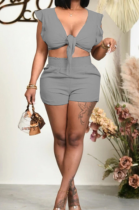 Fashion Pure Color Sleeveless Shorts Two Piece QSS51013