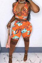 Euramerican Women Seyx Printing Halter Neck Hollow Out Cross Shorts Sets HYM86803