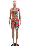 Euramerican Women Seyx Printing Halter Neck Hollow Out Cross Shorts Sets HYM86803