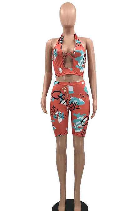 Euramerican Women Seyx Printing Halter Neck Hollow Out Cross Shorts Sets HYM86803