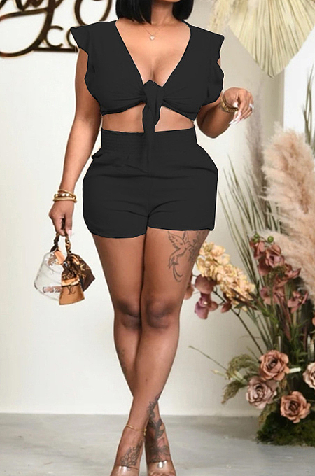 Fashion Pure Color Sleeveless Shorts Two Piece QSS51013