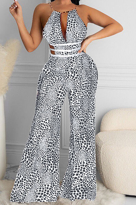 Euramerican Women Trendy Black White Stripe Sexy Wide Leg Jumpsuits MDF5233