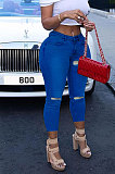 Women Eyelet Coloured Ribbon Hurnt Flower Cowboy Long Pants XQ1127