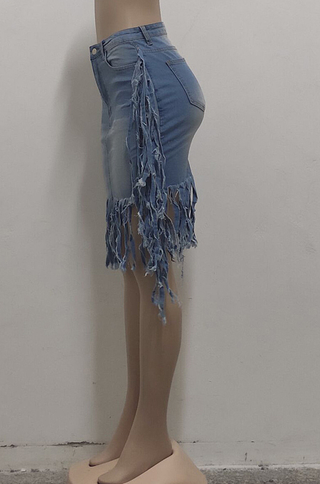 Euramerican Water Washing Tassel High Waist Cowboy Short Skirt SMR2416