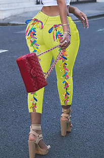 Women Eyelet Coloured Ribbon Hurnt Flower Cowboy Long Pants XQ1127