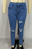 Women Eyelet Coloured Ribbon Hurnt Flower Cowboy Long Pants XQ1127