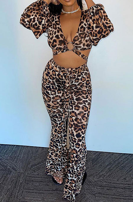 Fashion Casual Sexy Long Sleeve Deep V Leopard Pants Sets AFM60017