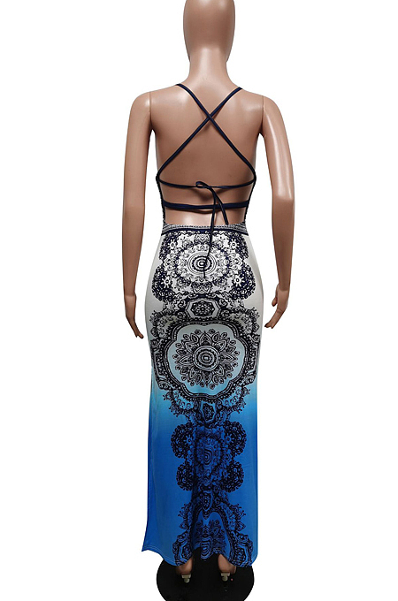 Bohemian Positioning Printing Open Fork Halter Neck Bakcless Dress F88366