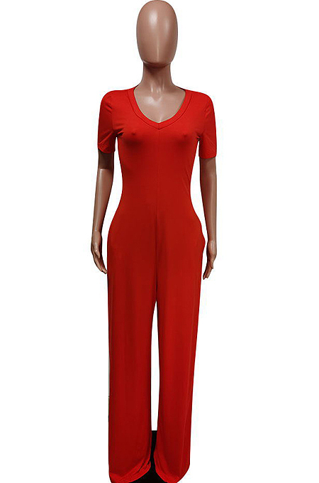 Euramerican Deep V Short Sleeve Wide Leg Jumpsuits F88372