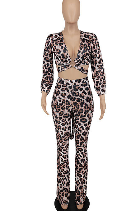Fashion Casual Sexy Long Sleeve Deep V Leopard Pants Sets AFM60017