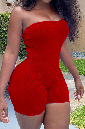 Rib Pure Color One Shoulder Romper Shorts XQ1128