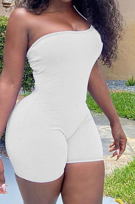 Rib Pure Color One Shoulder Romper Shorts XQ1128