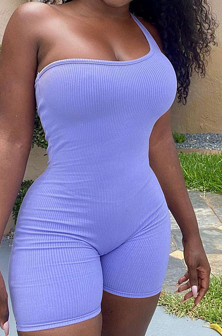 Rib Pure Color One Shoulder Romper Shorts XQ1128