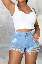 Euramerican Hole High Waist Water Washing Stretch Cowboy Shorts SMR2518