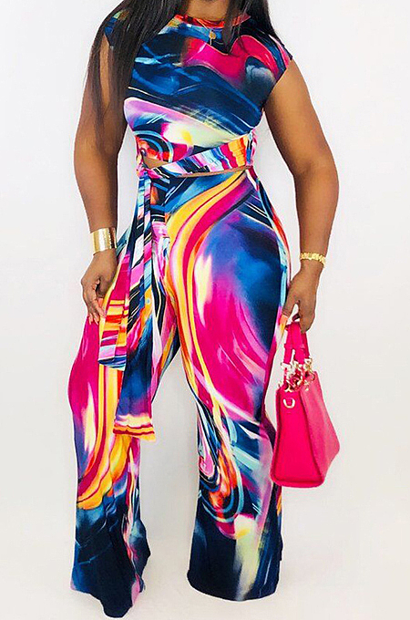 Fashion Casual Tie Dye Printing Short Sleeve Long Pants Two Piece WJ5041 