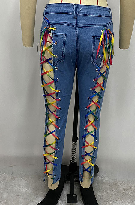 Women Eyelet Coloured Ribbon Hurnt Flower Cowboy Long Pants XQ1127
