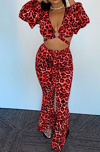 Fashion Casual Sexy Long Sleeve Deep V Leopard Pants Sets AFM60017