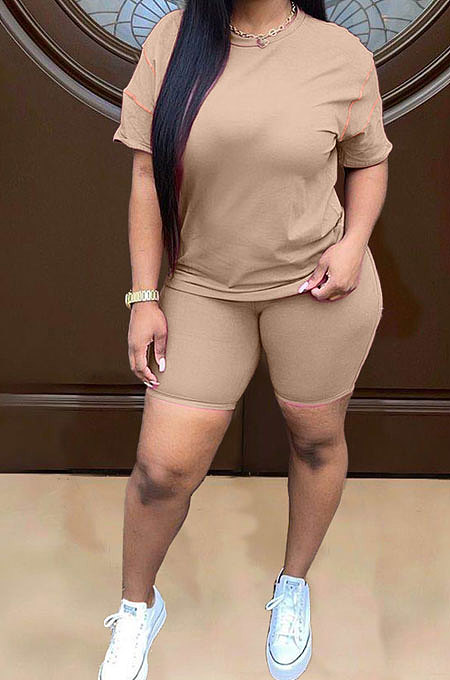 Casual Women Personality Short Sleeve Round Neck Shorts Sets MDF5232