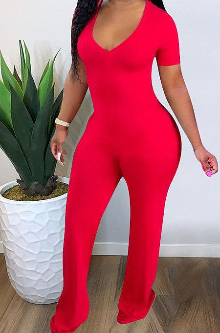 Euramerican Deep V Short Sleeve Wide Leg Jumpsuits F88372