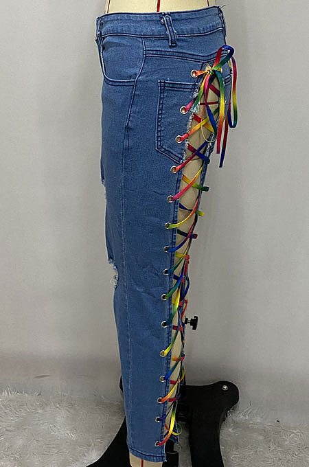 Women Eyelet Coloured Ribbon Hurnt Flower Cowboy Long Pants XQ1127