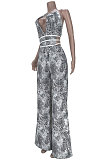 Euramerican Women Trendy Black White Stripe Sexy Wide Leg Jumpsuits MDF5233