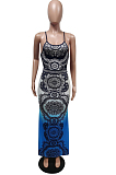Bohemian Positioning Printing Open Fork Halter Neck Bakcless Dress F88366