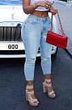 Women Eyelet Coloured Ribbon Hurnt Flower Cowboy Long Pants XQ1127